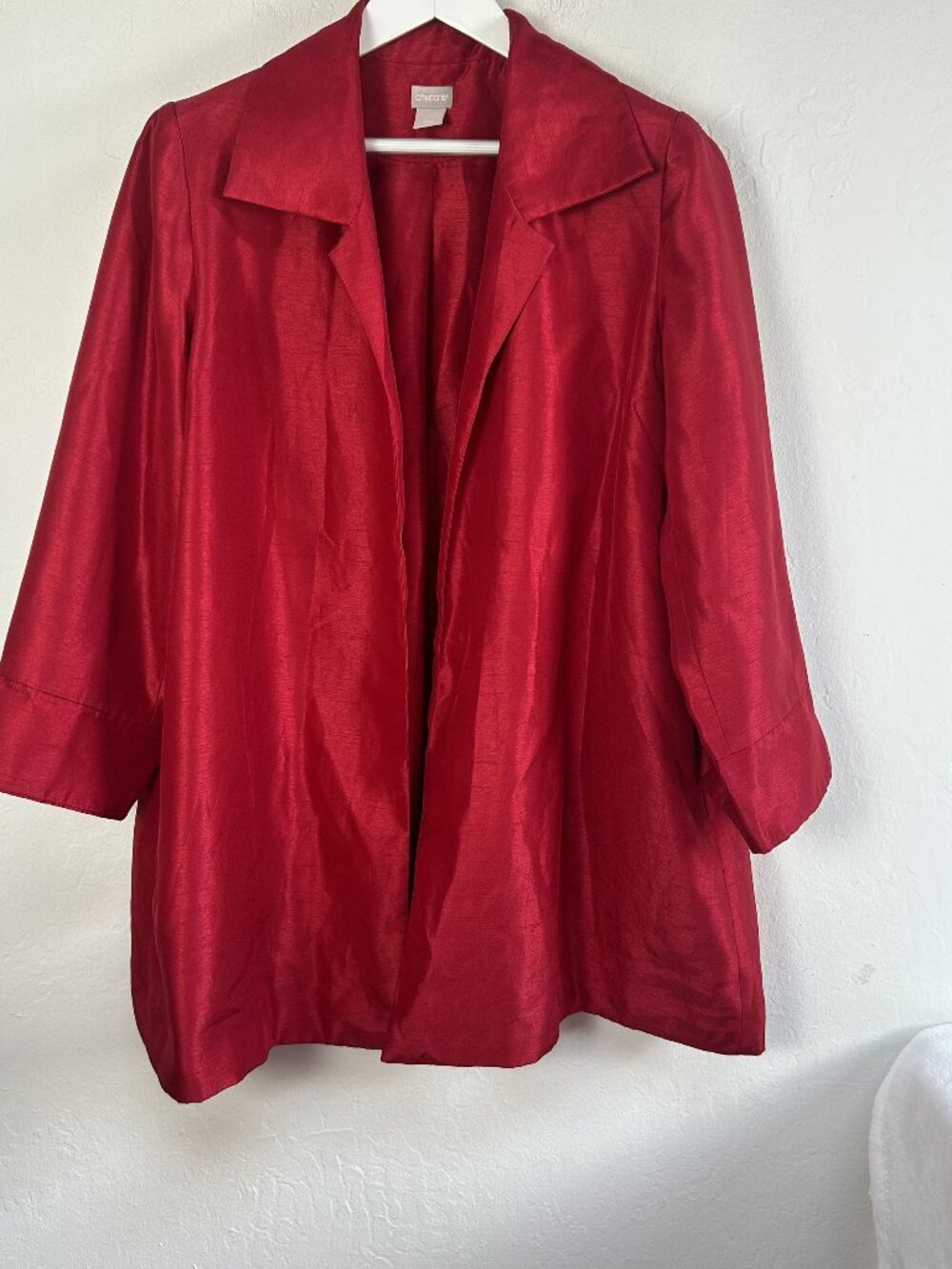 Chico's Red Silk Shantung Swing Jacket Open Front 3/4 Sleeve Size 2 US 12/14